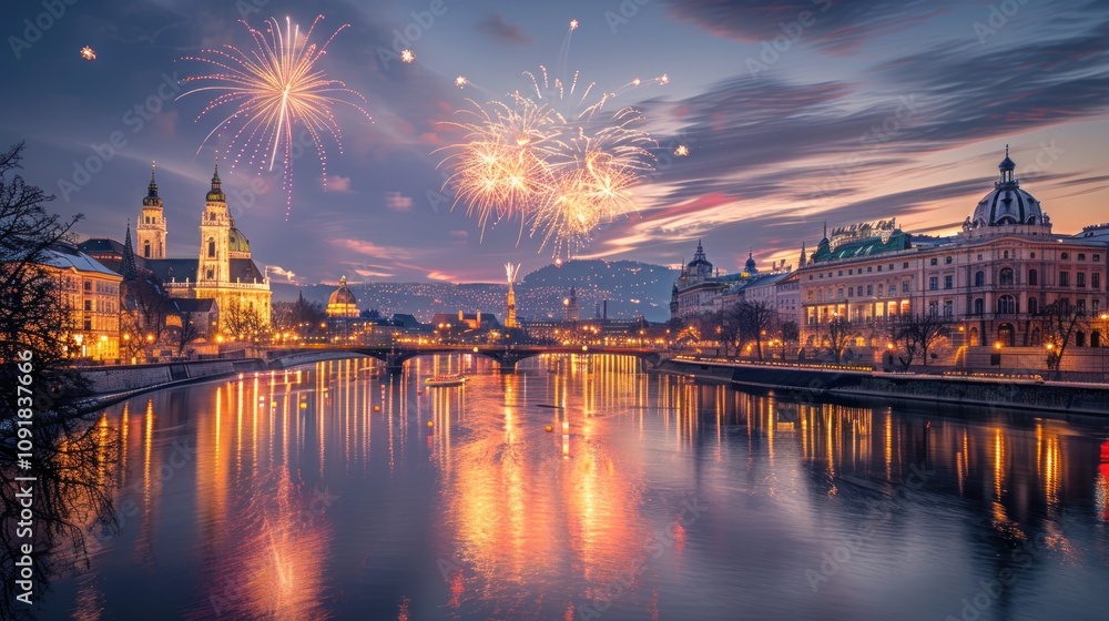 Obraz premium Cityscape at dusk with fireworks over a river and illuminated buildings.