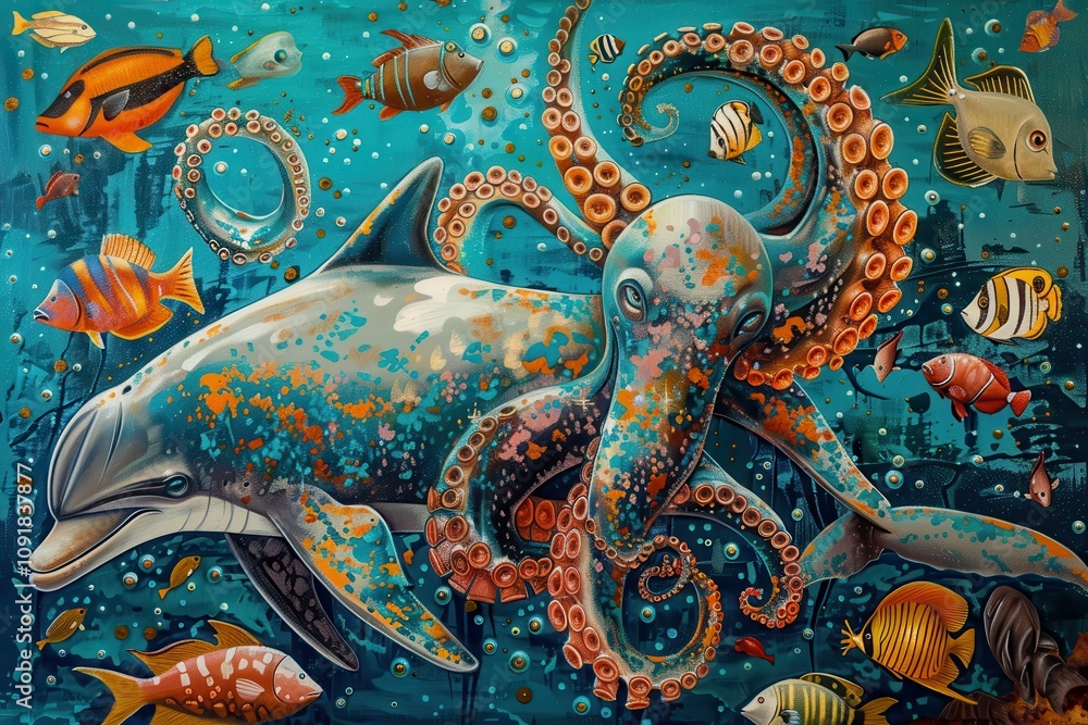 Fototapeta premium Underwater life showcases harmonious interaction between an octopus and a dolphin among vibrant fish and coral reefs in a colorful ocean setting