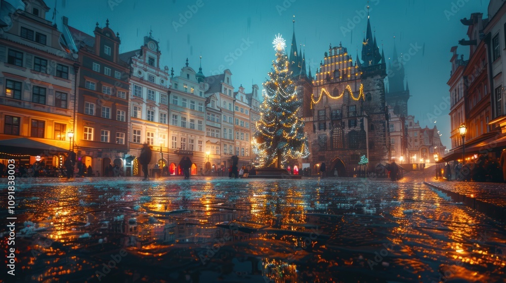 Naklejka premium A festive city square with a Christmas tree and historical buildings.