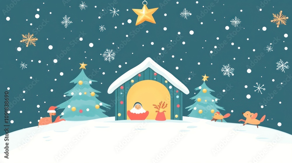 Fototapeta premium A snowy Christmas scene with a manger, a star, trees, and animals.