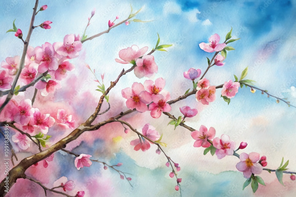 Fototapeta premium Blossoming cherry tree branches against a serene sky at sunrise