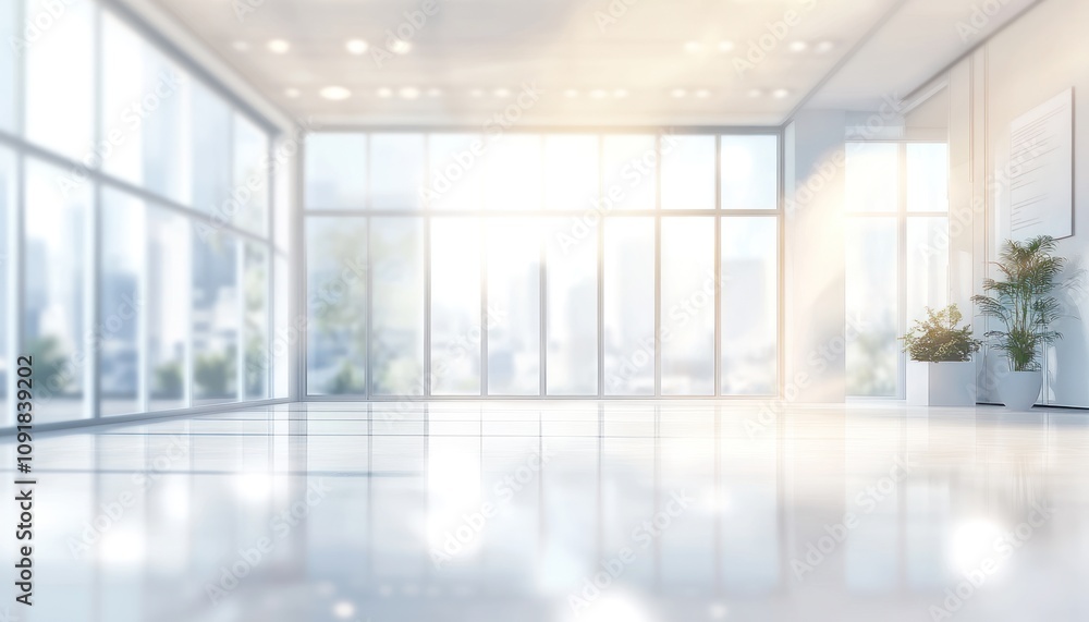 Fototapeta premium Bright Empty Room with Large Windows and Plants
