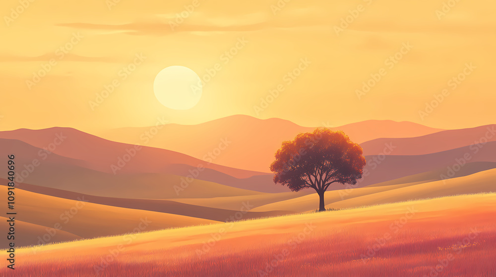 Sunrise over rolling hills and a meadow with a single tree. Golden Hour Meadow. Illustration Sunrise over rolling hills and a meadow with a single tree. Golden Hour Meadow. Illustration