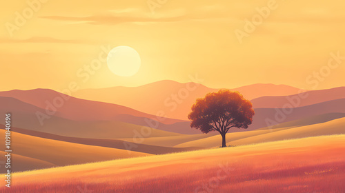 Sunrise over rolling hills and a meadow with a single tree. Golden Hour Meadow. Illustration