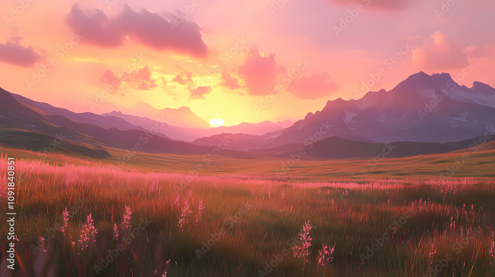 Fototapeta premium Serene mountain landscape at sunset. Golden Hour Meadow. Illustration