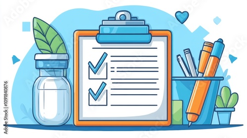 Doctor writing medical notes on a clipboard surrounded by plants, showcasing a blend of healthcare and natural elements. Includes close-ups of hands, pills, and a serene workspace.