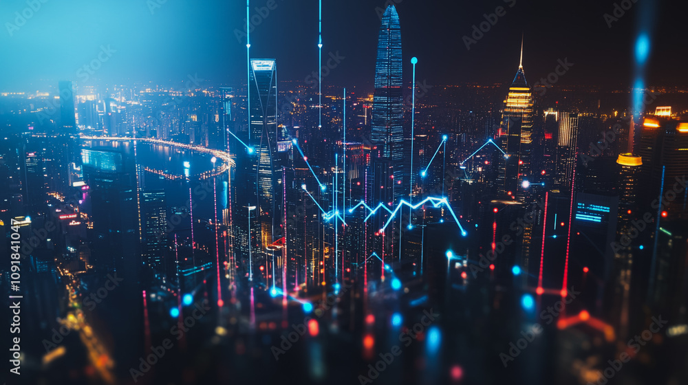 Fototapeta premium Smart digital Innovation Business skyscrapers in the Financial District with connection network reciprocity over the cityscape. of future smart wireless digital city and social media networking