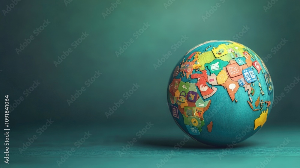 Fototapeta premium Colorful globe showcasing various icons representing global concepts and goals