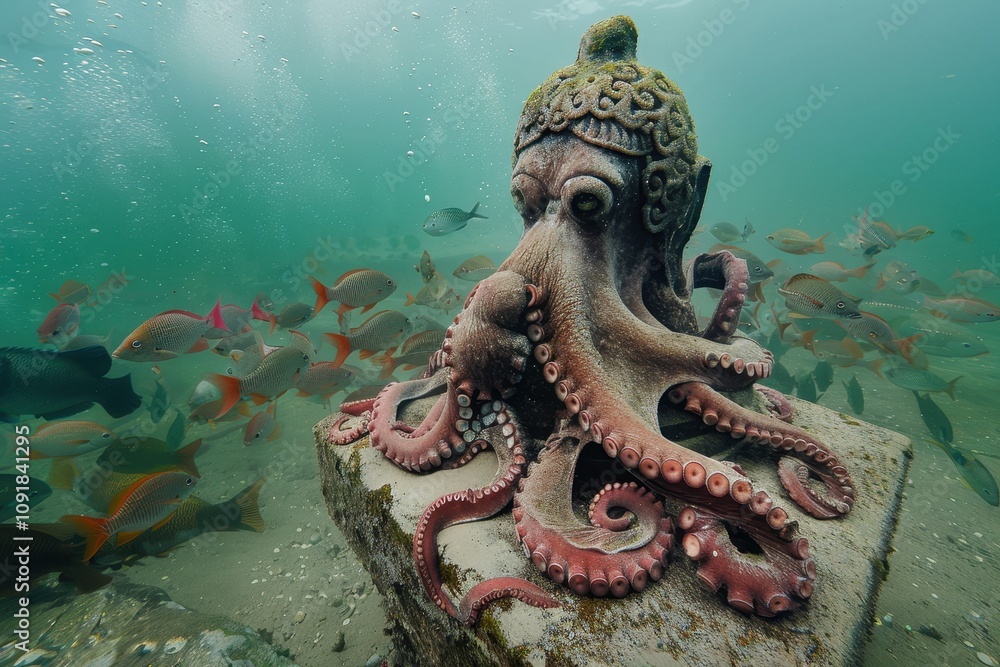 Fototapeta premium Underwater scene showcasing an octopus among vibrant marine life near an ancient structure
