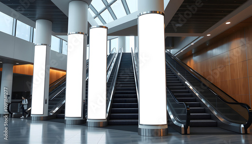 Blank whtie pillars for pillar wrap billboard advertising mockup template. Extreme narrow vertical banners near escalators isolated with white highlights, png