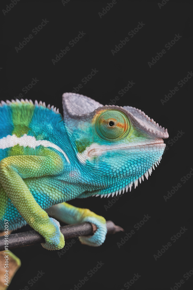 Fototapeta premium A green and blue chameleon is perched on a branch. The chameleon's eyes are open and it is looking at the camera. Black background