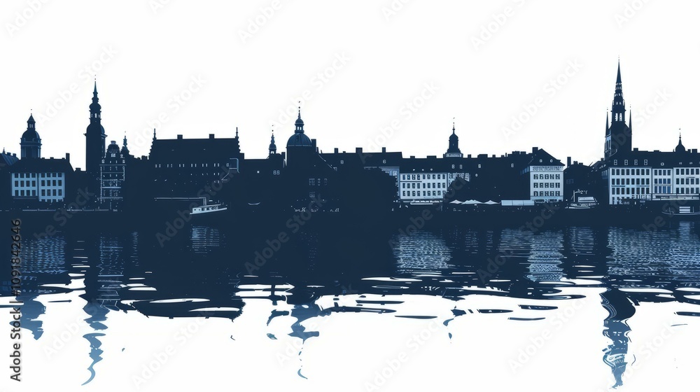 Fototapeta premium Navy blue silhouette of Copenhagen skyline reflecting on water, capturing architectural beauty and urban elegance