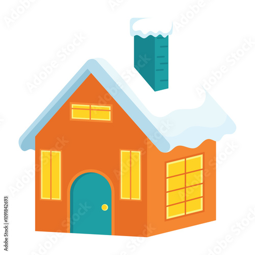 Orange winter house with snow roof, Vector