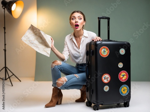 Surprised Traveler Checking Map Near Stickered Suitcase photo