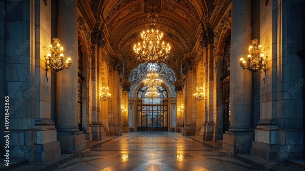 Obraz premium Elegant hallway with chandeliers and ornate architectural details.