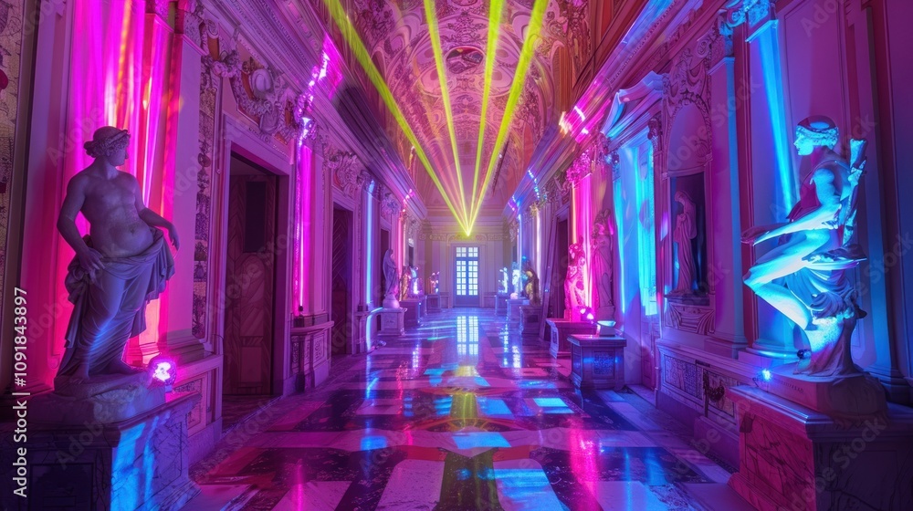 Obraz premium A vibrant hallway illuminated by colorful lights and sculptures.