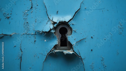 Cracked blue wall with keyhole at center, providing worn look photo