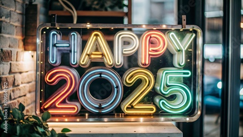 Bright neon multicolored inscription 'Happy 2025' glowing vividly on a clean white background, perfect for New Year celebrations, festive greetings, and holiday-themed designs.