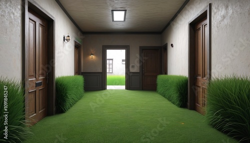 A hallway of artificial grass, with faint sounds of chirping, leading to dirt-covered rustic doors, Generative AI