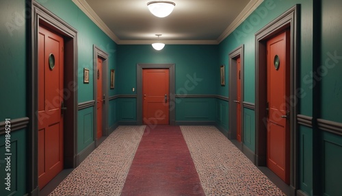 A hallway lined with wax figures, their eyes following your steps, guiding you to heavy, locked doors, Generative AI