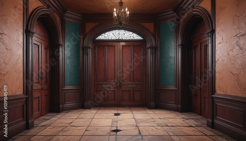 A hallway of cracked leather panels, creaking with each movement, revealing mahogany-bound gothic doors, Generative AI