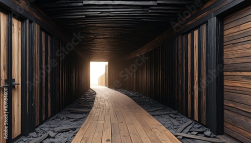 A tunnel of charred wooden planks, creaking loudly, leading to scorched ashwood doors, Generative AI