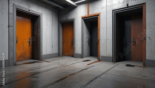 A tunnel lined with slabs of gray concrete, weeping black liquid, terminating in rust-streaked iron doors, Generative AI