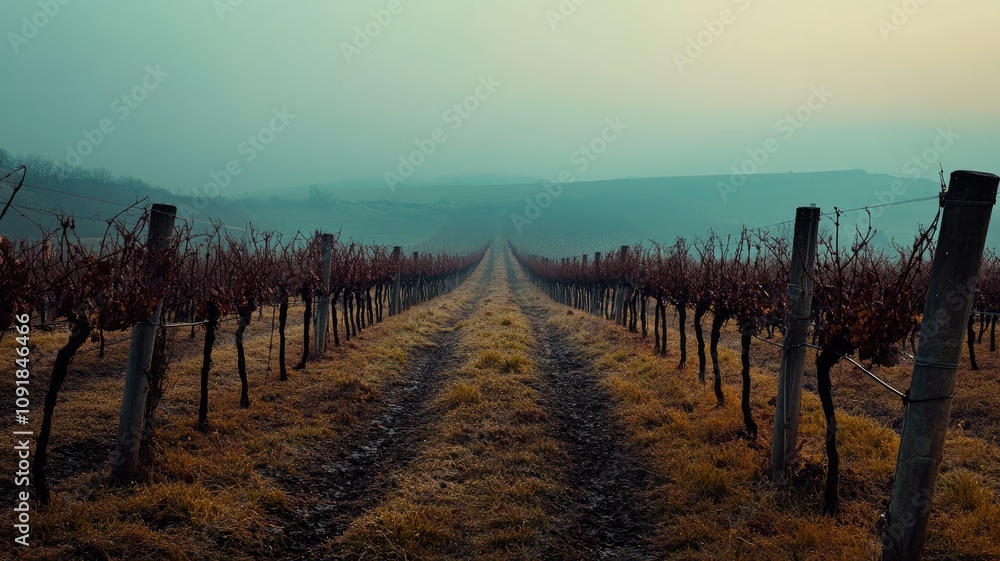 Obraz premium Foggy vineyard landscape with rows of bare grapevines stretching into distance