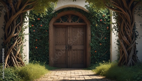 A corridor of woven thorns, sharp and unyielding, guiding to thick bramble-covered oak doors, Generative AI