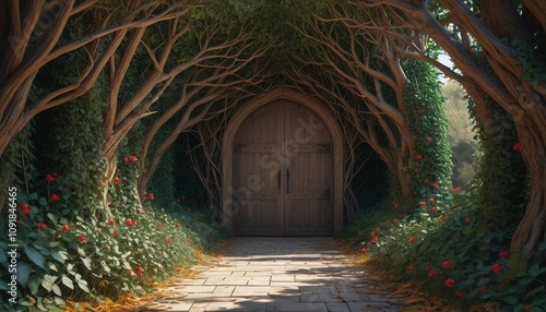 A corridor of woven thorns, sharp and unyielding, guiding to thick bramble-covered oak doors, Generative AI
