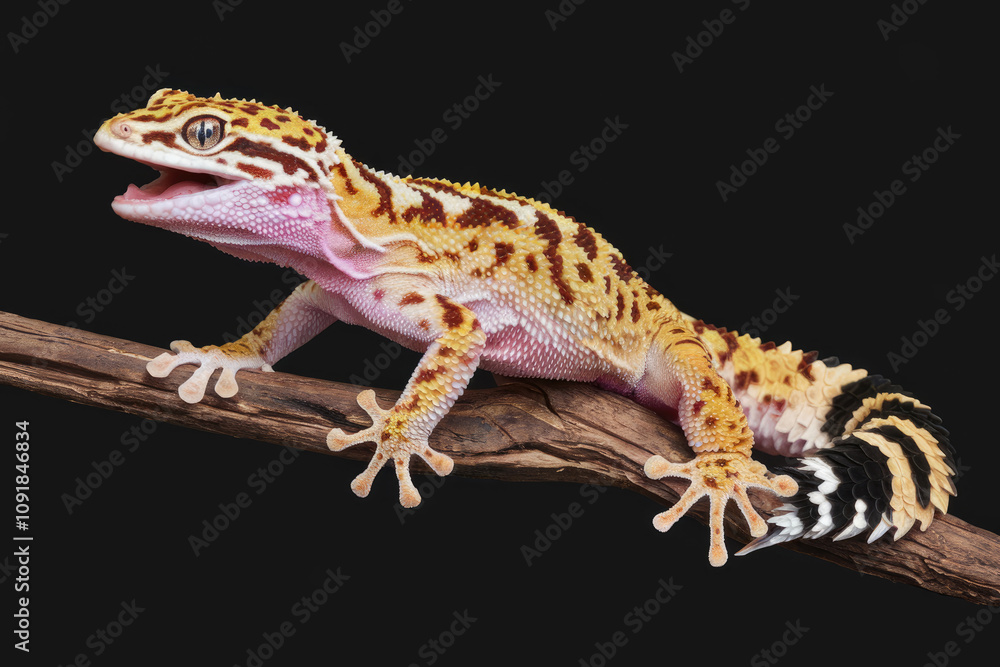 A small lizard is sitting on a branch. The lizard is brown and white with a pink tongue. Black background A small lizard is sitting on a branch. The lizard is brown and white with a pink tongue. Black background