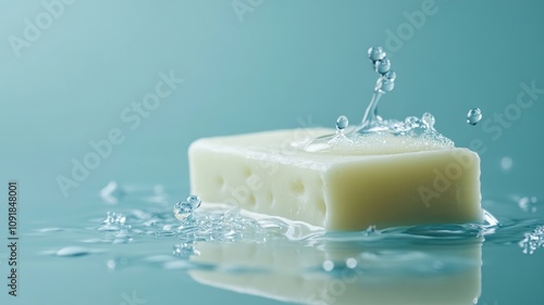 White bar of soap splashes clear water on blue surface photo