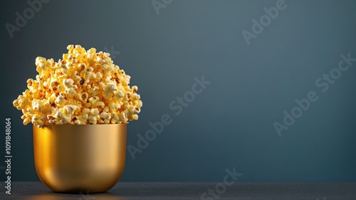 Golden bowl of buttery popcorn against dark background photo