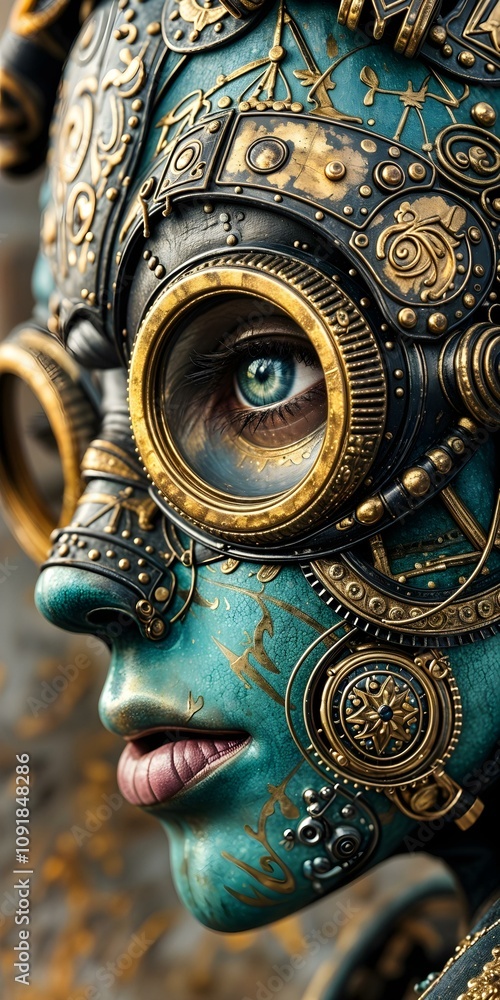 Fototapeta premium Close-up portrait of a fantasy warrior with an iron helmet.