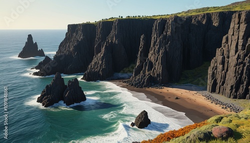 A rocky coastline built from carved basalt, with jagged cliffs shaped to look like towering sentinels watching the sea, Generative AI photo