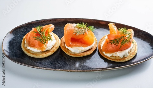 delicious smoked salmon blinis with cream cheese and fresh dill on white background