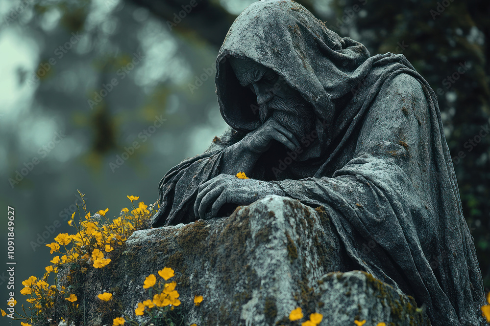 Fototapeta premium an ancient stone statue of a man in a hooded cloak, sitting thoughtfully on a rock with his head in his hand. 