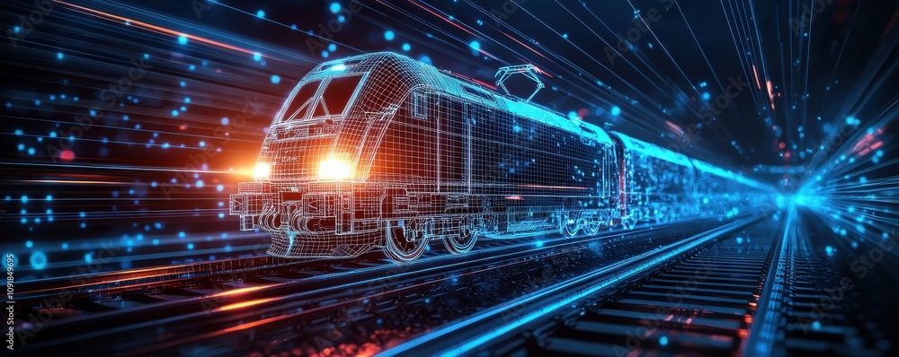 Fototapeta premium Futuristic wireframe hologram of an electric train on tracks