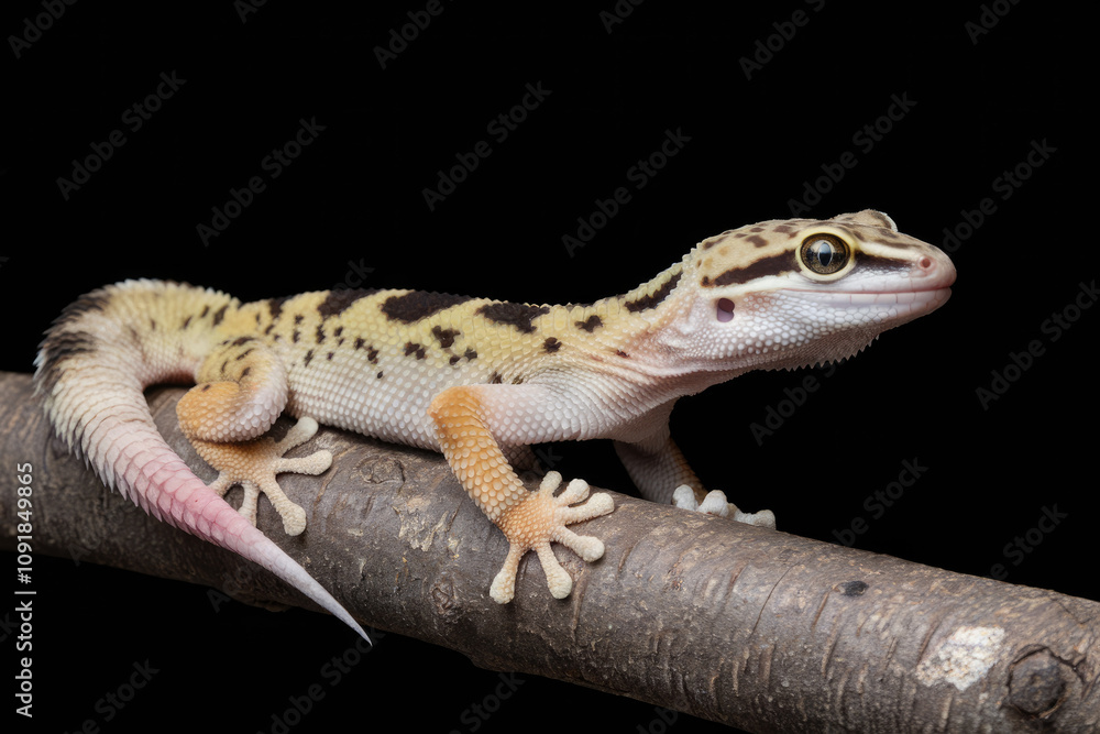 Naklejka premium A small lizard is sitting on a branch. The lizard is brown and white with black spots. The lizard is looking at the camera. Black background
