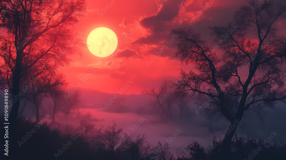 Warm crimson glow dreamy landscape coral tones. Crimson Sunset Glow. Illustration Warm crimson glow dreamy landscape coral tones. Crimson Sunset Glow. Illustration