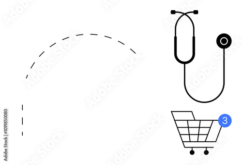 Medical stethoscope above shopping cart with notification bubble indicating three new items or messages. Ideal for telehealth, e-commerce, healthcare services, online purchases, digital