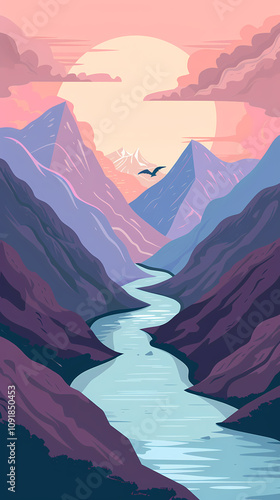 A serene landscape featuring a flowing river between majestic mountains, with a warm sunset casting hues of pink and purple in the sky.