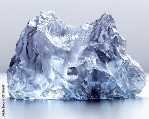 Crystal Clear Iceberg Sculpture Reflecting Light in Minimalistic Studio Setting