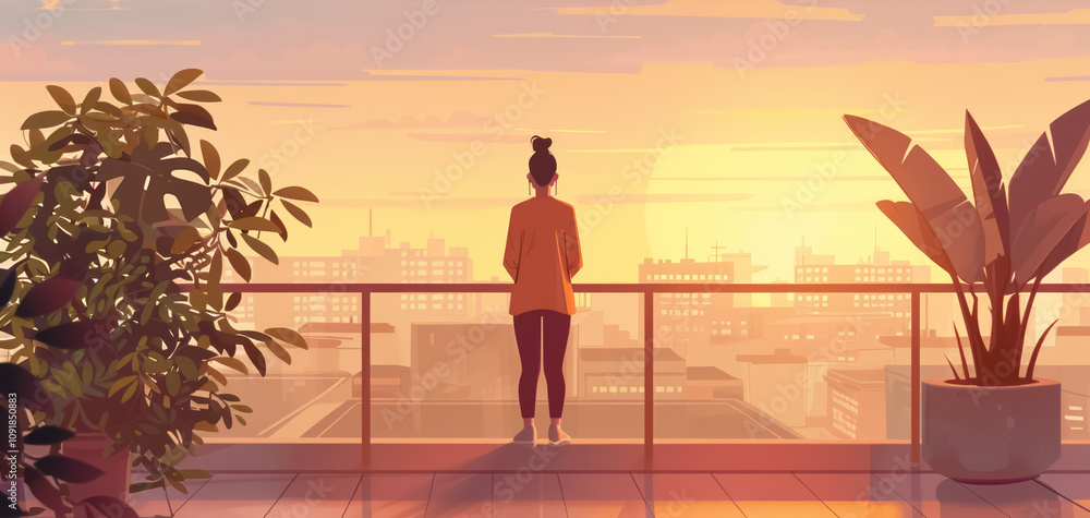Fototapeta premium person standing at balcony of modern apartment with plants and greens and watching city skyline, dreamy atmosphere, colorful illustration