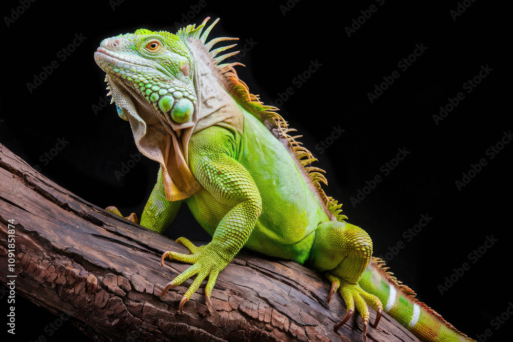 Fototapeta premium A green lizard is sitting on a branch. The lizard is green and has a long tail. The branch is brown and the background is black. Black background