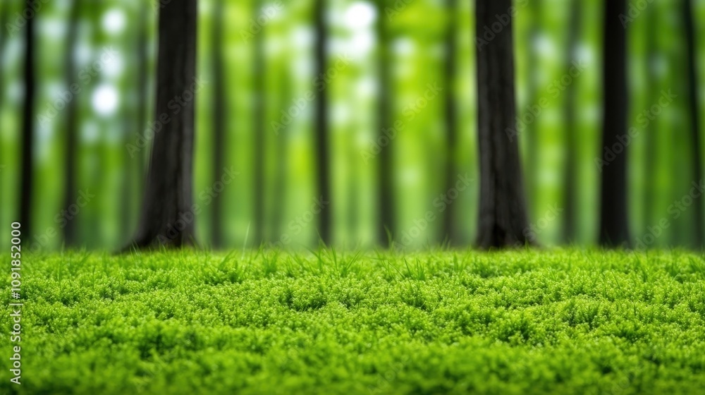 Fototapeta premium Sunlight filters through tall trees in a serene forest creating a vibrant green carpet of moss