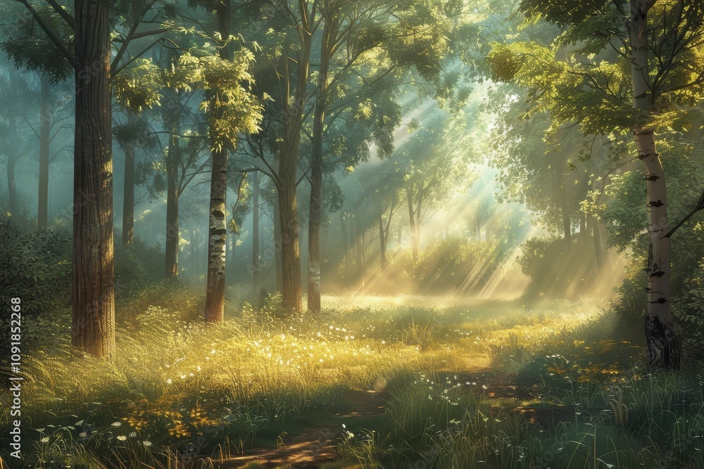 Obraz premium Sunlight filters through tree branches in a serene forest glade filled with flowers and greenery during the early morning hours