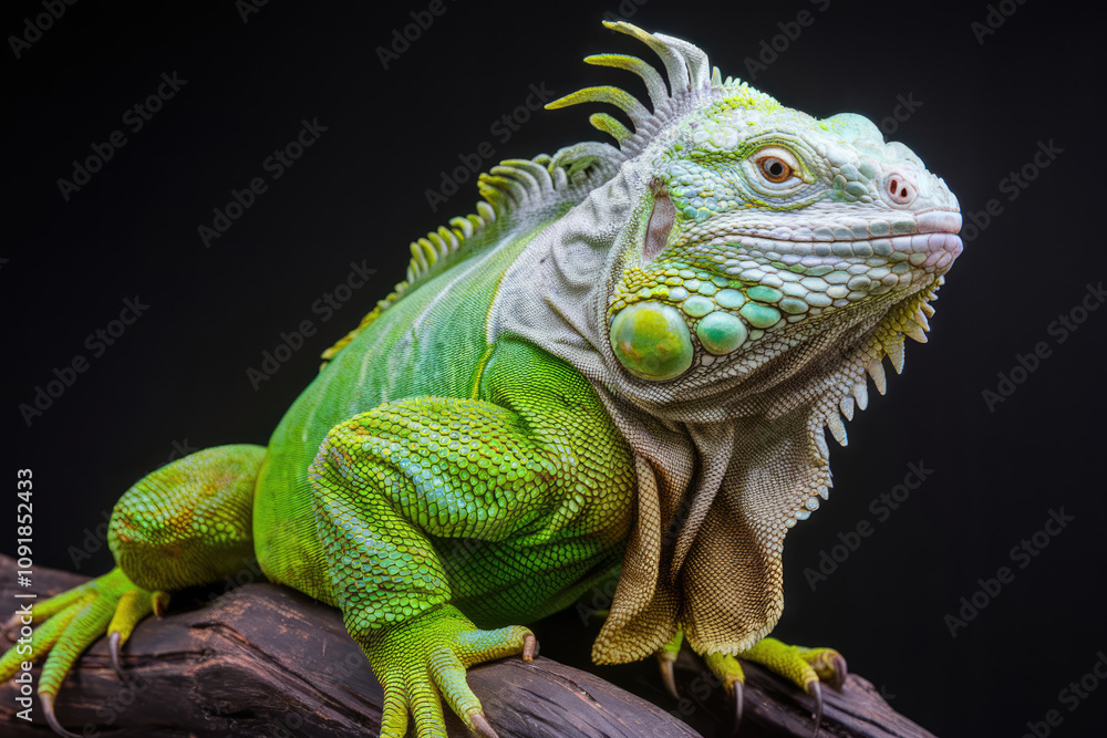 Fototapeta premium A green iguana is sitting on a branch. The lizard is green and white with a green head. Black background