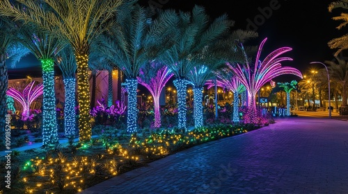 Night garden in al malaz street at Riyadh Season 23 Oct 2019 Saudi arabia - General Authority for Entertainment - Luminous plant