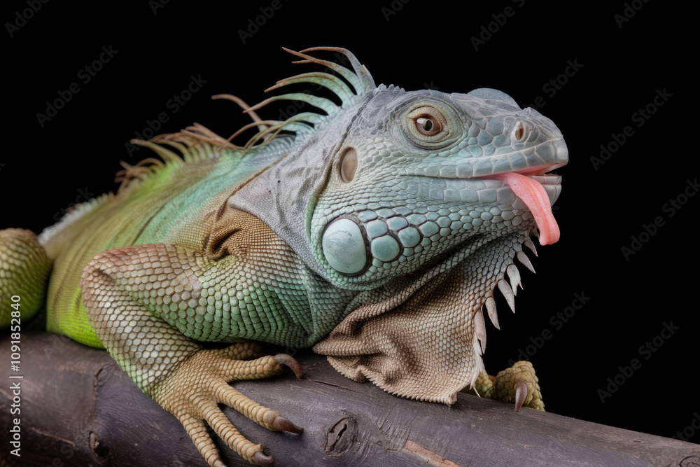 Fototapeta premium A green and blue lizard with a tongue sticking out. The lizard is laying on a branch. The lizard is not moving. Black background